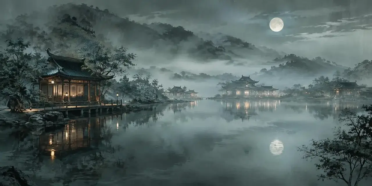 黄豆魔改短剧热播专区背景，水墨月色水岸夜景